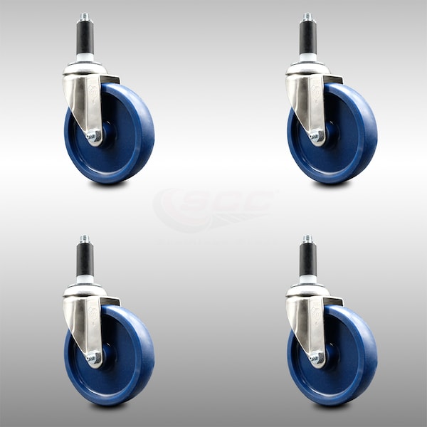 5 Inch 316SS Solid Polyurethane Swivel 1-1/8 Inch Expanding Stem Caster Set SCC